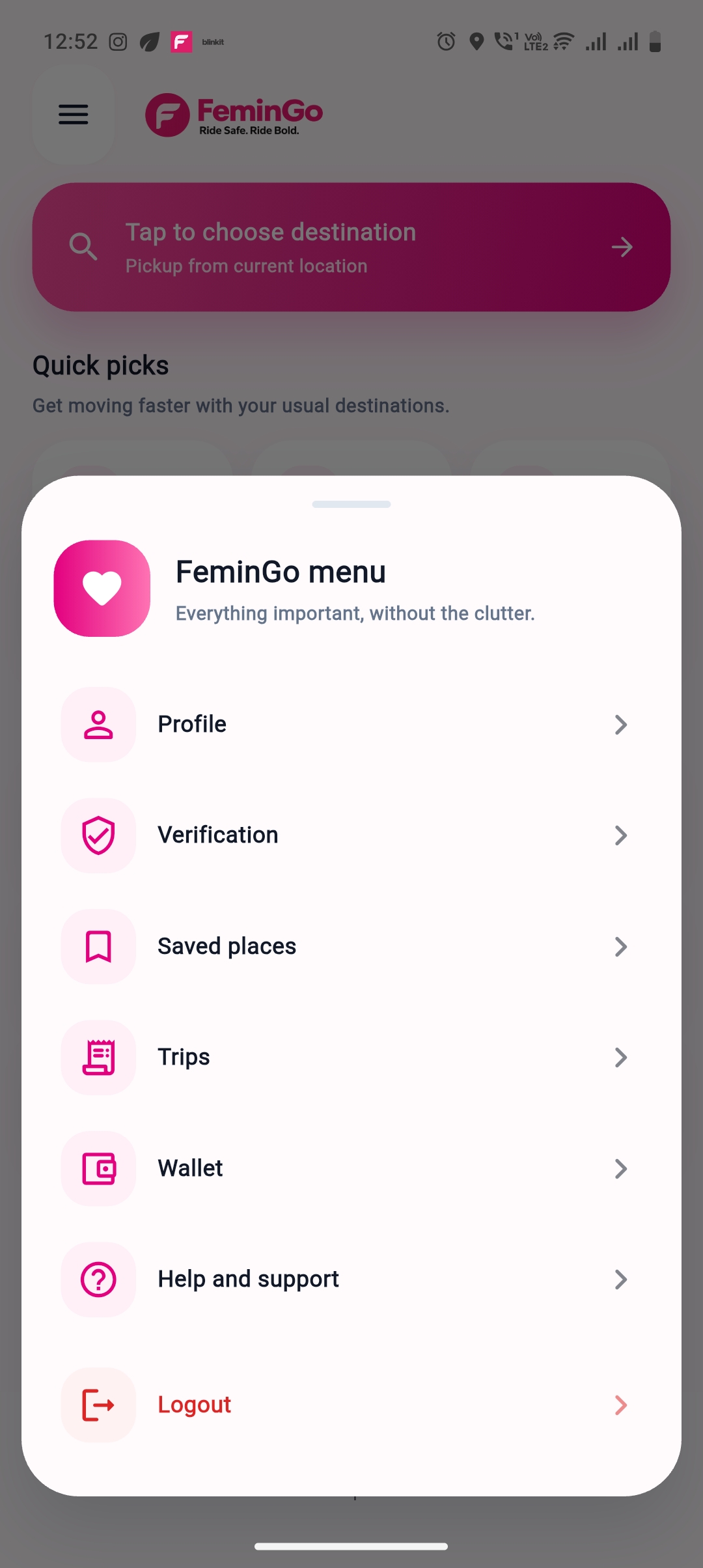 FeminGo app menu screen